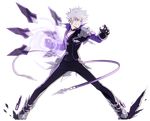  absurdres add_(elsword) black_gloves black_pants black_shirt choker clenched_hand electricity elsword full_body gloves grin highres hwansang jacket looking_to_the_side lunatic_psyker_(elsword) male_focus messy_hair official_art pants purple_eyes shirt shoes single_pauldron smile solo standing transparent_background white_hair 