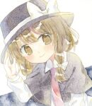  1girl black_background black_capelet black_hat bow brown_eyes brown_hair capelet closed_mouth commentary fedora hair_bow hat hat_bow hat_ribbon highres kagome_f long_hair long_sleeves looking_at_viewer neck_ribbon painting_(medium) ribbon shirt smile solo touhou traditional_media two-tone_background upper_body usami_renko watercolor_(medium) white_background white_bow white_ribbon white_shirt 