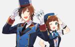  1boy 1girl :d ;d amagase_touma amami_haruka ap_bar ascot black_necktie blue_ascot blue_hat blue_jacket brown_hair card commentary_request gloves green_eyes hat highres holding holding_card idolmaster idolmaster_(classic) idolmaster_side-m jacket lapels long_sleeves looking_at_viewer necktie notched_lapels one_eye_closed open_mouth red_eyes salute short_hair simple_background smile upper_body white_background white_gloves white_wrist_cuffs wrist_cuffs 