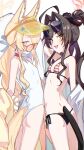  2girls ahoge animal_ear_fluff animal_ears azuisei belly-to-belly bikini black_bikini black_hair blonde_hair blue_archive breasts clothing_cutout commentary cross_halo demon_tail diamond_cutout english_commentary eyewear_on_head fang fox_ears fox_girl hair_intakes hair_over_one_eye halo highres jacket kasumi_(blue_archive) kasumi_(swimsuit)_(blue_archive) lab_coat looking_at_viewer multiple_girls off_shoulder one-piece_swimsuit orange_eyes ponytail red_halo seia_(blue_archive) seia_(swimsuit)_(blue_archive) side-tie_bikini_bottom simple_background skin_fang small_breasts standing sunglasses swept_bangs swimsuit tail visor_cap white_background white_one-piece_swimsuit yellow_eyes yellow_halo yellow_jacket 