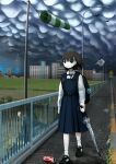  1girl absurdres adidas asperitas backpack bag bag_charm black_shoes blue_dress building can charm_(object) closed_umbrella cloud cloudy_sky coca-cola collared_shirt commentary_request day dress drink_can floating_hair giba_ryan highres holding holding_umbrella lamppost litter looking_at_viewer outdoors overcast pinafore_dress railing river school_uniform shirt shoes short_hair sidewalk simple_bird sky sleeveless sleeveless_dress sneakers socks soda_can solo transmission_tower umbrella walking white_shirt white_socks windsock 