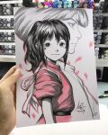  1boy 1girl 2017 art_tools_in_frame artist's_hand_in_frame black_eyes black_sash blush_stickers closed_mouth commentary english_commentary haku_(sen_to_chihiro_no_kamikakushi) highres japanese_clothes looking_at_viewer marker_(medium) ogino_chihiro partially_colored photo_(medium) ponytail ribbon sash sen_to_chihiro_no_kamikakushi signature smile stanley_lau traditional_media turning_head upper_body white_ribbon 