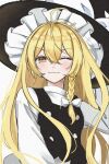  1girl black_hat black_vest blonde_hair bow braid closed_mouth hair_bow hat hat_bow highres kirisame_marisa long_hair long_sleeves looking_at_viewer one_eye_closed ringo33757 side_braid simple_background single_braid smile solo touhou very_long_hair vest white_background white_bow witch_hat yellow_eyes 