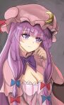  1girl blue_bow bow bowtie breasts capelet closed_mouth commentary crescent crescent_hat_ornament dress hair_bow hat hat_ornament highres long_hair long_sleeves mob_cap multiple_hair_bows namiki_(remiter00) patchouli_knowledge pink_capelet pink_dress pink_hat purple_bow purple_bowtie purple_eyes purple_hair red_bow solo striped_clothes striped_dress touhou upper_body vertical-striped_clothes vertical-striped_dress 