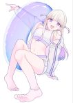  1girl :d alternate_costume ankleband barefoot blonde_hair commentary_request dorsiflexion feet foot_focus foreshortening highres hololive hololive_dev_is innertube itochicken2 jacket multicolored_hair nail_polish off_shoulder official_alternate_hairstyle open_mouth purple_eyes purple_hair short_shorts shorts smile sports_bra streaked_hair swim_ring todoroki_hajime todoroki_hajime_(black_aurora) toenail_polish toenails toes transparent_innertube virtual_youtuber white_jacket white_shorts white_sports_bra 