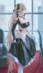  1girl absurdres azur_lane bare_shoulders black_dress breasts cleavage commentary_request dress formidable_(azur_lane) grey_hair highres kuza_brs large_breasts long_hair long_sleeves neck_ribbon red_eyes ribbon solo twintails two-tone_dress very_long_hair white_dress 