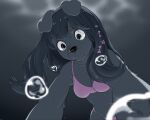  1girl animal_ears animal_nose arm_support black_eyes black_fur black_hair body_fur bra breasts crossed_bangs crying crying_with_eyes_open dog_ears dog_girl droopy_ears fangs foreshortening from_below furry furry_female grey_sky hair_ornament highres medium_breasts navel open_mouth original overcast panties pink_bra pink_panties short_eyebrows sky solo tabby_mow tears underwear wet_lens 