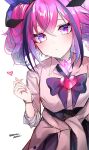  1girl alternate_costume black_hair blue_hair clothes_around_waist commentary gem gradient_hair highres jewelry laplace_(monster_strike) looking_at_viewer monster_strike multicolored_hair nail_polish necklace nibo_shia pink_gem pink_hair purple_eyes purple_hair purple_ribbon ribbon school_uniform sleeves_rolled_up solo streaked_hair untranslatable_commentary white_background 