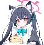  1girl alternate_costume animal_ear_fluff animal_ears apron black_dress black_hair blue_archive blue_bow blue_ribbon blush bow cat_ears cat_girl closed_mouth collar dress enmaided extra_ears food frilled_apron frills fruit hair_ribbon halo holding holding_plate lmg7811 long_hair looking_at_viewer maid maid_apron maid_headdress pancake pancake_stack pink_halo plate puffy_sleeves red_eyes ribbon serika_(blue_archive) short_sleeves simple_background solo strawberry sweatdrop twintails upper_body white_apron white_background white_collar 