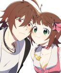  1boy 1girl ahoge amagase_touma amami_haruka ap_bar black_jacket breasts brown_hair choker cleavage closed_mouth commentary_request green_eyes heart highres idolmaster idolmaster_(classic) idolmaster_2 idolmaster_side-m jacket looking_at_viewer luxury_(idolmaster) official_alternate_costume pink_choker pink_diamond_765_(idolmaster) red_eyes shirt short_hair simple_background upper_body white_background white_shirt 