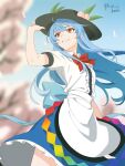  1girl apron artist_name aurora_(wdc1234555) back_bow black_hat blue_bow blue_hair blue_sky blurry bow bowtie cherry_blossoms commentary day depth_of_field falling_petals fruit_hat_ornament grin hand_on_headwear hat hat_ornament highres hinanawi_tenshi leaf_hat_ornament long_hair peach_hat_ornament petals pink_petals puffy_short_sleeves puffy_sleeves red_bow red_bowtie red_eyes shirt short_sleeves sky smile solo touhou very_long_hair waist_apron white_apron white_shirt 