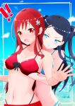  ! !! 22/7 2girls :o aqua_bikini aqua_eyes artist_name bikini black_bow black_hair blue_background blue_hair blue_sky blush bow breasts cleavage collarbone cowboy_shot day flower furoggu-gaburi grabbing_another's_breast grabbing_from_behind groping hair_flower hair_ornament halterneck hand_under_clothes hand_under_swimsuit highres jitome long_hair looking_at_another multicolored_hair multiple_girls navel nishiura_sora ocean open_mouth outdoors paid_reward_available red_bikini red_eyes red_hair sato_reika sidelocks sky standing surprised surprised_arms swimsuit two-tone_hair two_side_up 