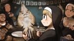  4girls absurdres bible_(object) bird blonde_hair blue_eyes brown_hair cat chicken closed_eyes clumsy_nun_(diva) diva_(hyxpk) dried_fish duck eating english_commentary fishing_rod fork frog froggy_nun_(diva) hedgehog highres holding holding_fork little_nuns_(diva) mole mole_on_cheek multiple_girls nun plate star_nun_(diva) star_ornament stingray strict_nun_(diva) tanlines thumbs_up traditional_nun 