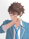  1boy black-framed_eyewear blazer blue_jacket blue_necktie brown_eyes brown_hair clenched_hand closed_mouth collared_shirt ensemble_stars! gradient_background hand_up jacket lapels layered_clothes long_sleeves male_focus morisawa_chiaki necktie notched_lapels open_clothes open_collar open_jacket school_uniform shirt short_hair solo szhr_chise translation_request upper_body wing_collar yumenosaki_school_uniform 