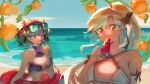  2girls absurdres aqua_hair azur_lane beach bikini black_hair breasts cheshire_(azur_lane) cheshire_(summery_date!)_(azur_lane) cleavage drake_(azur_lane) drake_(the_golden_hind's_respite)_(azur_lane) drinking_straw drinking_straw_in_mouth eyewear_on_head food frilled_bikini frills fruit high_ponytail highres holding holding_food holding_fruit innertube large_breasts long_hair looking_at_viewer medu_yusa multicolored_hair multiple_girls official_alternate_costume one_eye_closed outdoors ponytail purple_bikini sand short_hair sunglasses swim_ring swimsuit upper_body water watermelon watermelon_slice yellow_eyes 