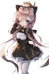  ;o absurdres animal animal_ear_fluff animal_ears bangs black_capelet black_dress blade_&amp;_soul blue_eyes blush capelet cat_ears dog dress eyebrows_visible_through_hair frilled_dress frills hair_between_eyes highres long_sleeves low_twintails lyn_(blade_&amp;_soul) one_eye_closed pantyhose parted_lips pink_hair sidelocks signature simple_background solo tandohark tongue tongue_out twintails white_background white_legwear 