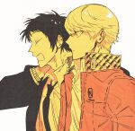  2boys absurdres adachi_tooru closed_mouth highres jacket long_sleeves looking_ahead male_focus multiple_boys narukami_yu nayam88646020 necktie persona persona_4 school_uniform short_hair watch wristwatch yasogami_school_uniform yawning 