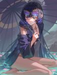  1girl absurdres bikini black_bikini black_hair black_robe blue_archive blue_eyes braid braid_over_shoulder breasts butterfly_hair_ornament closed_mouth eyewear_on_head grey_halo haaakashi hair_ornament halo highres holding holding_umbrella kisaki_(blue_archive) kisaki_(swimsuit)_(blue_archive) long_hair official_alternate_costume official_alternate_hairstyle oil-paper_umbrella purple-tinted_eyewear robe robe_partially_removed side_braid small_breasts solo sunglasses swimsuit tinted_eyewear umbrella 