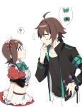  1boy 1girl ? ahoge amagase_touma amami_haruka amami_haruka_(always_love) ap_bar black_jacket black_shirt bow bowtie brown_hair commentary_request eye_contact from_side green_bow green_bowtie highres idolmaster idolmaster_(classic) idolmaster_million_live! idolmaster_million_live!_theater_days idolmaster_side-m jacket looking_at_another maid_headdress midriff official_alternate_costume shirt short_hair simple_background skirt speech_bubble spoken_question_mark standing thought_bubble white_background 