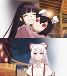  2girls :3 ^_^ absurdres animal_ears black_hair blunt_bangs bow carrot_necklace character_doll cho_kaguya-hime! closed_eyes closed_mouth cloud collared_shirt commentary doll double-parted_bangs english_commentary frilled_sleeves frills fujiwara_no_mokou fumo_(doll) grin hair_between_eyes hair_bow highres historical_name_connection houraisan_kaguya hugging_doll hugging_object in-universe_location inaba_tewi jewelry lantern light_blush light_smile long_hair multiple_girls name_connection necklace night paper_lantern parody pink_shirt rabbit_ears rabbit_girl red_eyes red_trim scene_reference shirt sidelocks sky sleeve_garter smile split_mouth straight_hair touhou white_bow white_hair white_shirt wing_collar zaobanmeiling 