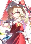  1girl absurdres ascot back_bow blonde_hair bluerhozu bow collared_shirt commentary_request crystal crystal_wings fang flandre_scarlet frilled_shirt_collar frilled_wrist_cuffs frills hat hat_ribbon highres looking_at_viewer mob_cap multicolored_wings one_side_up open_mouth puffy_short_sleeves puffy_sleeves red_eyes red_skirt red_vest red_wrist_cuffs ribbon shirt short_sleeves signature skin_fang skirt skirt_set smile solo touhou vest white_bow white_hat white_shirt wings wrist_cuffs yellow_ascot 