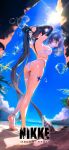  1girl absurdres alternate_costume arm_up arms_up bikini black_hair blue_sky breasts bubble closed_mouth cloud cloudy_sky colored_inner_hair commentary day english_text glass_bottle goddess_of_victory:_nikke green_hair highres large_breasts little_mermaid_(nikke) little_mermaid_(shell_princess)_(nikke) long_hair looking_at_viewer midriff multicolored_hair ocean outdoors ponytail sand single_thighhigh skinny sky smile solo standing sun swimsuit thigh_strap thighhighs tying_hair watermark white_bikini white_thighhighs yellow_eyes 