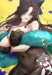  1girl alcohol arm_under_breasts bare_shoulders between_breasts black_dress blue_eyes blush bottle breasts brown_dust_(series) brown_dust_2 brown_hair champagne cleavage dalvi_(brown_dust) dalvi_(tricky_lover)_(brown_dust) dress earrings fur_shawl hair_ornament haowei_wu holding jewelry large_breasts long_hair looking_at_viewer nail_polish necklace official_alternate_costume one_eye_closed open_mouth pink_nails poker_chip shawl simple_background smile strapless strapless_dress teeth upper_teeth_only yellow_background yuridori_(brown_dust) 