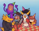  2girls 3boys :d ;d a_hat_in_time afro alternate_headwear anniversary beak birthday_cake black_hair black_jacket blue_background blue_bow blue_eyes blue_hairband blue_hat bow bow_hairband bow_kid brown_hair buttoned_cuffs buttons cake camera candle cape chainsaw checkered_tablecloth child closed_mouth comb commentary conductor_(a_hat_in_time) curly_hair dark-skinned_female dark_skin dj_grooves english_commentary fangs fewer_digits fire food fujimna ghost green_hat green_jacket grey-tinted_eyewear hair_tie hairband hands_up hat hat_kid holding holding_camera holding_chainsaw jacket long_sleeves medium_hair multiple_boys multiple_girls nostrils one_eye_closed open_mouth orange_cape party_hat pink_hat plate ponytail purple_eyes purple_hat purple_jacket red_hat red_jacket sidelocks skin_fangs smile snatcher_(a_hat_in_time) star-shaped_eyewear star_(symbol) suit_jacket sweat table tablecloth tinted_eyewear yellow_eyes yellow_hat zipper_pull_tab 