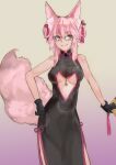  1girl animal_ear_fluff animal_ears black_dress black_gloves breasts china_dress chinese_clothes closed_mouth clothing_cutout commentary_request constricted_pupils cowboy_shot double_bun dress fate/grand_order fate_(series) fox_ears fox_girl fox_tail glasses gloves gradient_background grey-framed_eyewear grey_background hair_bun koyanskaya_(chinese_lostbelt_outfit)_(fate) koyanskaya_(fate) large_breasts looking_at_viewer partial_commentary pink_hair purple_background sankansan short_hair smile solo tail underboob underboob_cutout yellow_eyes 