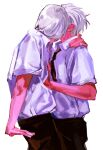  2boys aged_down arm_support belt black_belt black_necktie black_pants brothers collared_shirt cowboy_shot dante_(devil_may_cry) devil_may_cry_(series) hair_slicked_back hand_on_another's_chest hand_on_another's_neck highres incest kiss male_focus multiple_boys necktie pants school_uniform shirt shirt_tucked_in short_hair short_sleeves siblings simple_background twincest twins vergil_(devil_may_cry) white_background white_hair white_shirt wing_collar xscr1205 yaoi 