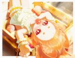  1girl absurdres ahoge alternate_costume animal_ear_fluff animal_ears blowing_bubble_gum blush bright_pupils chewing_gum collarbone commentary day frilled_thigh_strap frills furry furry_female highres long_hair looking_at_viewer lying official_alternate_costume on_back open_mouth pink_fur pink_hair rabbit_ears rabbit_girl red_eyes shirt short_eyebrows solo thick_eyebrows thigh_strap untranslatable_commentary white_pupils yamisroot zenless_zone_zero zhao_(zenless_zone_zero) 