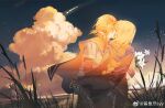  1boy 1girl artist_name black_cape blonde_hair blue_tunic braid cape champion's_tunic_(zelda) chinese_commentary closed_eyes cloud commentary_request couple crown_braid earrings flower grass hetero highres holding holding_flower hood hood_down hooded_cape jewelry kiss layered_sleeves link long_sleeves outdoors pointy_ears ponytail princess_zelda reeds shayuya_syy shooting_star short_hair short_over_long_sleeves short_ponytail short_sleeves sidelocks silent_princess the_legend_of_zelda the_legend_of_zelda:_tears_of_the_kingdom tunic u_u watermark weibo_watermark white_flower 