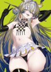  1girl absurdres arknights bikini black_bikini black_gloves black_thighhighs colored_extremities dragon_girl dragon_horns earrings elbow_gloves eyeliner gloves highres horns jewelry makeup micro_bikini narrowed_eyes orange_eyeliner pointy_ears shu_(arknights) simple_background skindentation skirt solo swimsuit thighhighs tongue tongue_out v vxdrq white_skirt 