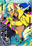  1girl aqua_hair baggy_pants bandeau black_mask blonde_hair blue_eyes blush breasts canari_(pokemon) comiket_108 commentary_request criss-cross_straps dark-skinned_female dark_skin highres jacket kawasaki_(kwsk_8765) long_sleeves looking_at_viewer mask mask_pull medium_breasts mega_stone mouth_mask multicolored_hair navel pants pokemon pokemon_legends:_z-a solo split-color_clothes split-color_hair sports_bra stomach twintails two-tone_hair two-tone_mask two-tone_pants yellow_bandeau yellow_jacket yellow_mask yellow_sports_bra 