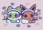  :3 arms_up brown_eyes closed_mouth clothed_pokemon commentary cropped_shoulders cup dot_nose drink eevee enmaided heart holding holding_plate ice ice_cube maid maid_headdress milkb88 no_humans plate pokemon pokemon_(creature) pokemon_focus purple_eyes ribbon simple_background sprigatito untranslatable_commentary 