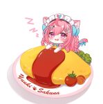  1girl ahoge animal_ear_fluff animal_ears bell blue_bow blue_ribbon blush bow braid cat_ears cat_girl cat_hair_ornament cat_tail character_name cherry_tomato chibi chibi_only commentary_request dress food hair_bow hair_ornament hairclip heart heart_print indie_virtual_youtuber jingle_bell long_hair maid maid_headdress neck_bell neck_ribbon nikoo omelet open_mouth oversized_food oversized_object pink_dress pink_eyes pink_hair pink_tail plate ribbon short_sleeves simple_background solo star_(symbol) star_hair_ornament tail tail_ornament tail_ribbon tamagoyaki tearing_up tomato two_side_up virtual_youtuber white_background yuuki_sakuna yuuki_sakuna_(3rd_costume) 