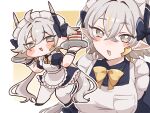  1girl ahoge alternate_costume apron black_dress blonde_hair blush bow breasts cake chibi dress enmaided food frilled_apron frilled_dress frills grey_eyes grey_hair highres holding holding_tray humanization juliet_sleeves kinyu619 long_hair long_sleeves looking_at_viewer low_twintails maid maid_apron maid_headdress medium_breasts multicolored_hair open_mouth pointy_ears puffy_short_sleeves puffy_sleeves renewa_(trickcal) robot_ears short_sleeves simple_background smile solo strawberry_cake streaked_hair thighhighs tray trickcal twintails waist_apron white_apron white_hair wrist_cuffs 
