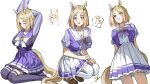  1girl :d ? ?? animal_ears arms_up blonde_hair border bow bowtie breasts brown_shoes chinese_commentary cleavage closed_eyes closed_mouth commentary ear_ornament gradient_hair grin highres horse_ears horse_girl horse_tail large_breasts loafers long_sleeves looking_at_viewer lunifish medium_hair multicolored_hair multiple_views narita_top_road_(umamusume) open_mouth pleated_skirt puffy_short_sleeves puffy_sleeves purple_bow purple_bowtie purple_eyes purple_sailor_collar purple_shirt purple_skirt purple_thighhighs sailor_collar school_uniform seiza shirt shoes short_sleeves simple_background sitting skirt smile squatting standing tail thighhighs tracen_school_uniform u_u umamusume white_background white_border white_sailor_collar white_skirt white_thighhighs winter_uniform yellow_eyes 