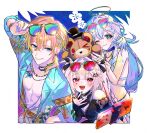  1boy 2girls :d adjusting_eyewear aqua_eyes aqua_streaks arm_up aventurine_(honkai:_star_rail) aventurine_(waveflair)_(honkai:_star_rail) bare_shoulders black_choker blonde_hair blue_background blunt_bangs bracelet braid breasts cellphone choker closed_mouth commentary_request earrings eyewear_on_head facial_mark glint grey_hair hair_between_eyes hair_intakes hair_ornament halo hand_to_own_mouth head_wings heart heart_facial_mark holding holding_stuffed_toy honkai:_star_rail honkai_(series) jewelry long_hair long_hair_between_eyes long_sleeves looking_at_viewer low_ponytail medium_breasts medium_hair multicolored_eyes multicolored_hair multicolored_nails multiple_girls necklace official_alternate_costume official_alternate_hairstyle om_rm1101 one_eye_closed open_clothes outside_border parted_lips phone pink_eyes ponytail ring robin_(honkai:_star_rail) robin_(summeretto)_(honkai:_star_rail) side_braid sidelocks simple_background smartphone smile sparkle_(honkai:_star_rail) sparxie_(candy-coated_waves)_(honkai:_star_rail) sparxie_(honkai:_star_rail) streaked_hair stuffed_animal stuffed_toy sunglasses teddy_bear twintails wings x_hair_ornament 