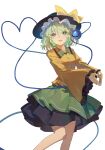  1girl absurdres black_hat bow breasts buttons collared_shirt diamond_button disembodied_linked_eye eyeball feet_out_of_frame frilled_shirt_collar frilled_sleeves frills green_eyes green_hair green_skirt hat hat_bow heart heart-shaped_pupils heart_of_string highres komeiji_koishi long_sleeves looking_at_viewer open_mouth qianeyejiaorouji shirt simple_background skirt small_breasts smile solo symbol-shaped_pupils touhou white_background wide_sleeves yellow_bow yellow_shirt 