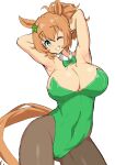  1girl animal_ears armpits arms_behind_head ass_visible_through_thighs blonde_hair blue_eyes bow bowtie breasts brown_pantyhose collar covered_navel cowboy_shot detached_collar dot_nose green_bow green_leotard grin hair_between_eyes hair_ornament highleg highleg_leotard highres horse_ears horse_girl horse_tail leotard linea_alba one_eye_closed pantyhose playboy_bunny ponytail simple_background smile solo star_(symbol) star_hair_ornament strapless strapless_leotard taiki_shuttle_(umamusume) tail teeth umamusume white_background white_collar zekataki 