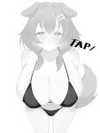  1girl :o absurdres animal_ears astra_5698 bikini black_bikini blush bone_hair_ornament breasts dog_ears dog_girl dog_tail floppy_ears greyscale hair_ornament highres hololive huge_breasts inugami_korone meme monochrome o-ring o-ring_bikini simple_background solo swimsuit tail tap_me_(meme) virtual_youtuber white_background 
