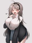  1girl absurdres ahoge black_bra black_hairband black_jacket black_survival blue_skirt blush bra bra_peek breasts brown_eyes brown_hair button_gap cleavage collared_shirt commentary_request cowboy_shot ear_piercing eternal_return:_black_survival finger_to_tongue geah genderswap genderswap_(mtf) grey_background hairband heart highres huge_breasts jacket jacket_partially_removed korean_commentary leaning_forward long_hair long_sleeves looking_at_viewer lukasz_lewandowski miniskirt open_mouth piercing shirt shirt_tucked_in simple_background skirt smile solo taut_clothes taut_shirt tongue tongue_out tongue_piercing underwear white_shirt 