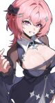  1girl black_bow black_dress black_shrug black_wings bow breasts cleavage dress finger_heart hair_bow hair_intakes hair_ornament highres large_breasts looking_at_viewer medium_hair official_alternate_costume pink_hair pointy_ears purple_eyes remielle_dan remielle_dan_(moonlight_whispers) rusuacred shrug_(clothing) simple_background smile solo upper_body white_background wings zenless_zone_zero 