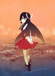  1girl black_boots black_hair blue_bow blue_bowtie blurry bokeh boots bow bowtie commentary_request depth_of_field dress from_behind full_body grey_pantyhose hair_over_one_eye hair_ribbon hayashimo_(kancolle) kantai_collection long_hair long_sleeves looking_at_viewer on_water orange_sky pantyhose parted_bangs pleated_dress red_dress ribbon sagamiso shirt sidelocks sky solo sunset turning_head twitter_username very_long_hair walking white_ribbon white_shirt yellow_eyes 