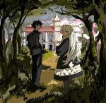 1boy 1girl absurdres apios black_coat black_hair black_shoes black_suit blue_eyes building call_of_cthulhu check_commentary closed_mouth coat commentary_request commission dot_nose expressionless forest from_behind full_body grass hand_in_pocket highres kindaichi_yusei looking_at_viewer nature original outdoors second-party_source septem_peccata shade shirayuri_izumo shoes short_hair spiked_hair suit walking wavy_hair white_hair window 