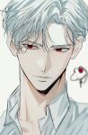  1boy aegyo_sal closed_mouth collared_shirt commentary_request facing_viewer gwechul highres korean_commentary lee_jaheon lips looking_to_the_side male_focus on41035 parted_bangs portrait red_eyes shirt short_hair simple_background slit_pupils solo white_background white_hair white_shirt wing_collar 