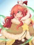  1girl animal_on_head brown_cape cape cat cat_on_head commentary english_commentary fur-trimmed_cape fur_trim green_eyes high_wizard_(ragnarok_online) highres lips long_hair looking_afar on_head pink_hair pointy_ears ragnarok_online soehlu solo star_(symbol) upper_body white_cat 