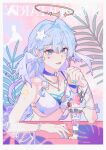  1girl bikini blue_choker blue_eyes blue_hair blue_nails breasts choker earrings food hair_ornament halo head_wings heart heart_tattoo highres holding honkai:_star_rail honkai_(series) ice_cream jewelry long_hair multicolored_nails nail_polish necklace open_mouth parfait robin_(honkai:_star_rail) robin_(summeretto)_(honkai:_star_rail) smile solo star_(symbol) star_hair_ornament swimsuit tattoo upper_body white_bikini wings wujuyan yellow_nails 