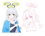  1girl alternate_costume black_halo blue_archive blue_jacket blue_one-piece_swimsuit blush breasts center-flap_bangs cleavage collarbone commentary_request double-parted_bangs frown full_body green_eyes green_halo grey_hair hair_intakes halo hare_(blue_archive) highres jacket jacket_on_shoulders long_hair long_sidelocks looking_at_viewer mochigome_(ununquadium) multiple_views one-piece_swimsuit open_clothes open_jacket side_ponytail sidelocks simple_background small_breasts sweat swimsuit translation_request walking white_background 